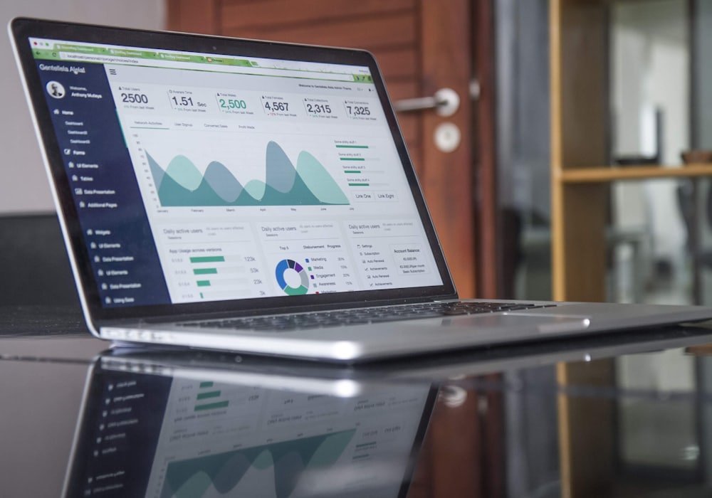 Business dashboard with charts displayed on a laptop screen